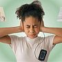 A young person covers their ears, eyes closed in discomfort, while wearing a device; nearby images show a man eating and hands tapping on a laptop.