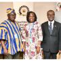 moderator Mrs Vida Duti (middle) with Prof George Gyan Baffour (right) and another conference participant (left) standing in the UN conference room during the High-Level Political Forum side event posing for a picture