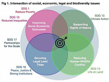 Figure 1 Four overlapping circles demonstrating the intersection of social, economic and legal biodiversity issues