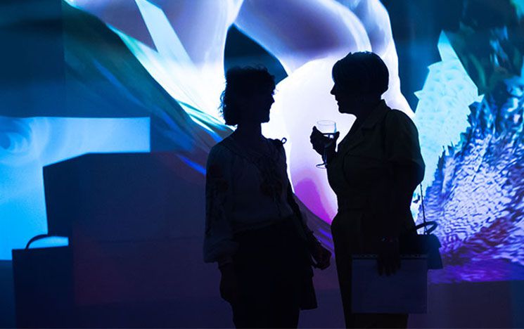 silhouette of two people standing in front of a back lit abstract image from the Guts exhibition