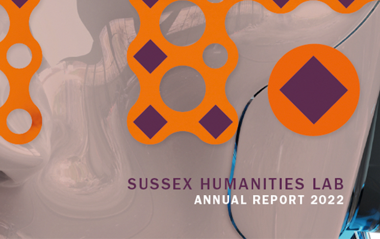 shl close up of robot face and SHL logo + text saying sussex humanities annual report 2022