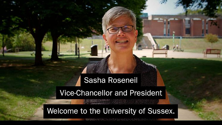 Video still of Vice-Chancellor, Prof Sasha Roseneil, demonstrating correct placement of name captions in video projects.