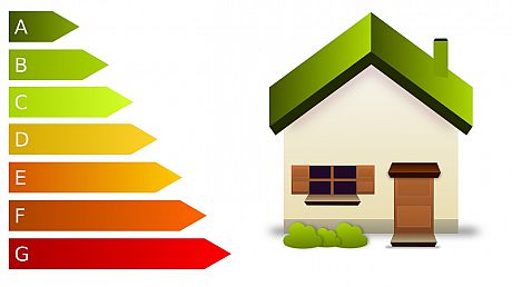 A graphic showing an energy efficiency chart and a home
