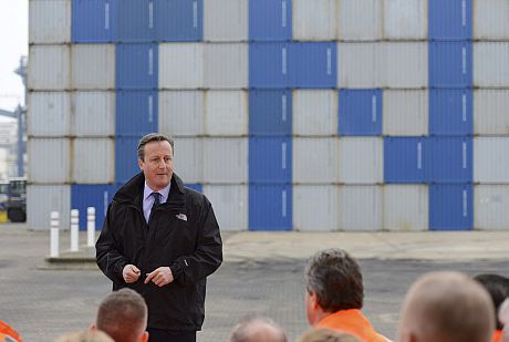 A photo of David Cameron making a speech on the EU Referendum at Felixstowe port