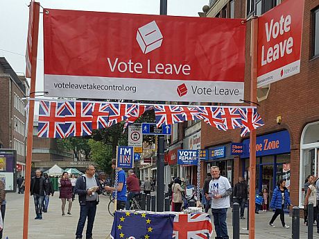 A photo of a stall where Vote Leave campaigners are handing out leaflets