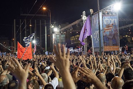 A protest taking place during Greece's bailout referendum campaign