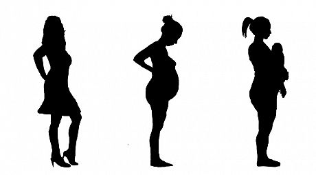 Silhouettes of women, one of whom is pregnant and another of whom is holding a child