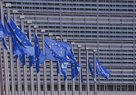 A photo of lots of EU flags flying outside an office block