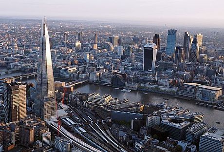 An aerial shot of the City of London, taken using a hot air balloon, showing many skyscrapers
