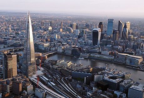 An aerial shot of the City of London, taken using a hot air balloon, showing many skyscrapers