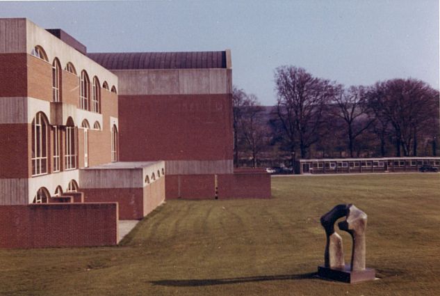 Falmer House at the University of Sussex and Henry Moore sculpture, photograph by Michael Carr