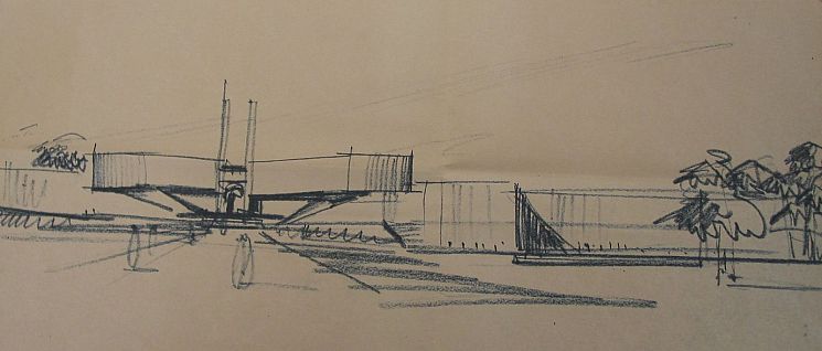 Design for the campus by Basil Spence, Entrance Arts A, 1961, blue crayon/pencil