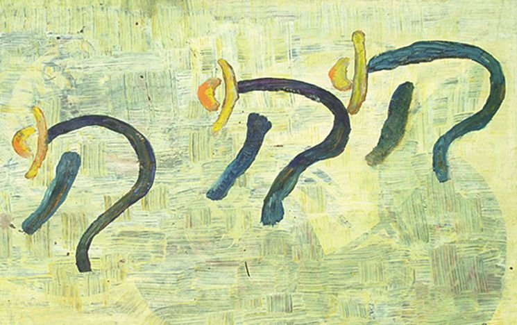 Abstract painting of black lines on a pale yellow background