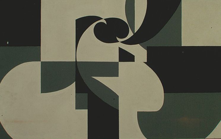 Abstract painting of interlocking black and grayscale shapes