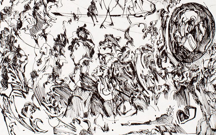 Black and white fine line drawing of abstract figures