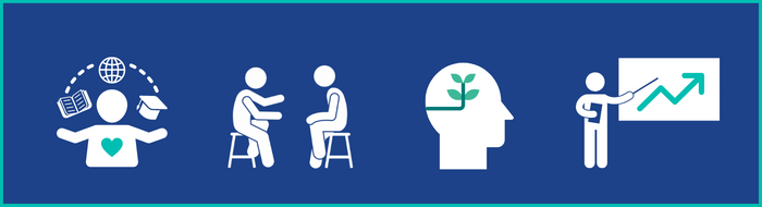 White icons representing learning and development on blue background
