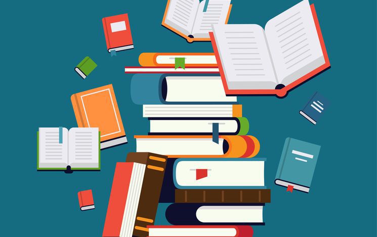 pile of books and flying around open and closed books