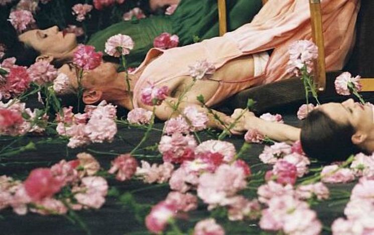 People lying amongst flowers