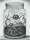 Black and white drawing of a jar with eyeballs in it