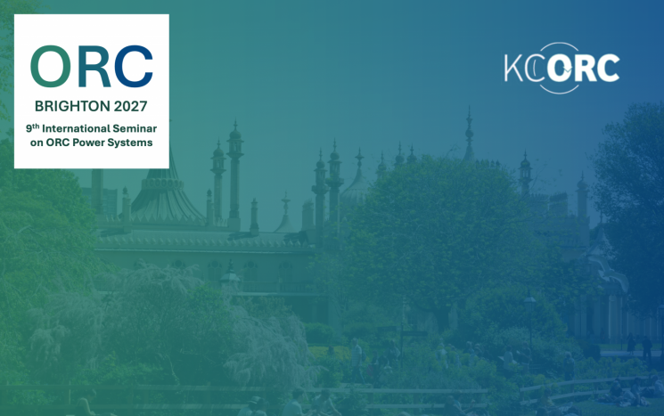 A poster for ORC 2027 Conference - It is an image of Brighton Pavilion with a blue overlay to the image. It has an ORC 2027 logo in the top left corner that reads 'ORC Brighton 2027. 9th International Seminar on ORC Power Systems'. In the top right corner is a logo for KCORC.