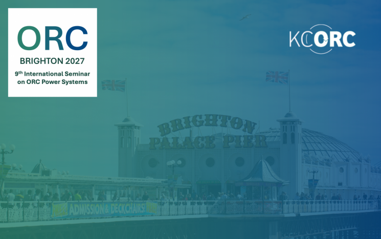 A poster for ORC 2027 Conference - It is an image of Brighton pier with a blue overlay to the image. It has an ORC 2027 logo in the top left corner that reads 'ORC Brighton 2027. 9th International Seminar on ORC Power Systems'. In the top right corner is a logo for KCORC.