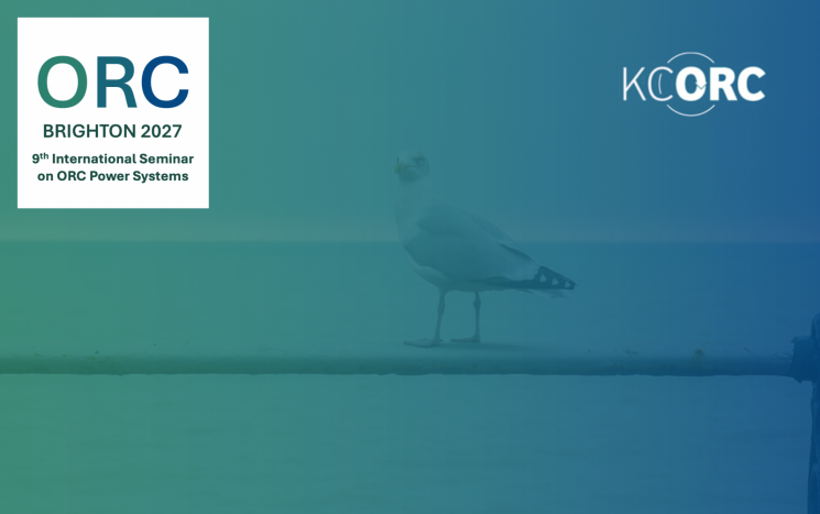 A poster for ORC 2027 Conference - It is an image of a seagull with a blue overlay to the image. It has an ORC 2027 logo in the top left corner that reads 'ORC Brighton 2027. 9th International Seminar on ORC Power Systems'. In the top right corner is a logo for KCORC.