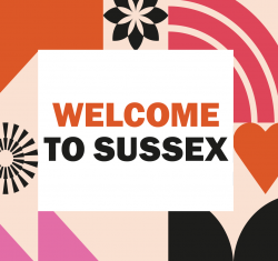 Welcome to Sussex logo surrounded by border of pink and orange patterns