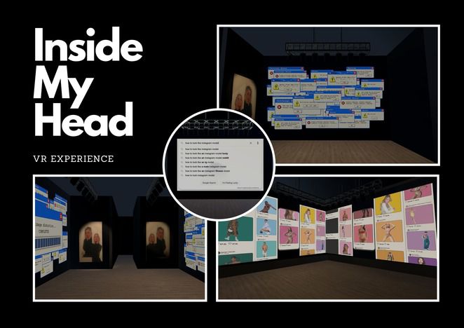 Collage of screenshots of a virtual reality experience - A room with brown floor and black walls with images on walls. invite the player to reflect upon and expose the issues arising from the utilisation of highly visual social media platforms and the absorption of the content
