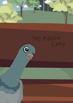 Animated picture of a pigeon sitting on a bench. Scratched onto the back of the bench it says 'The Pigeon Lady'