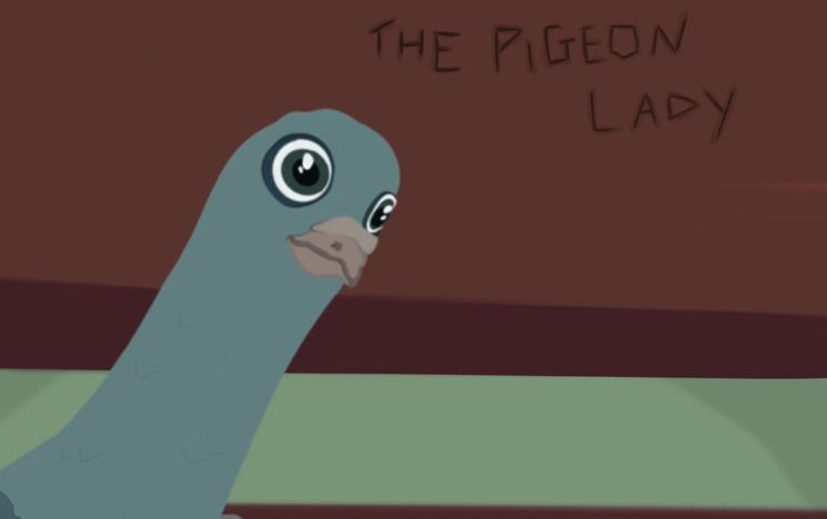 Animated picture of a pigeon sitting on a bench. Scratched onto the back of the bench it says 'The Pigeon Lady'