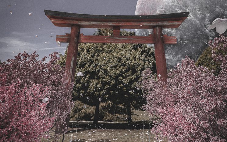 Japanese pagoda in garden with trees in front and large moon behind