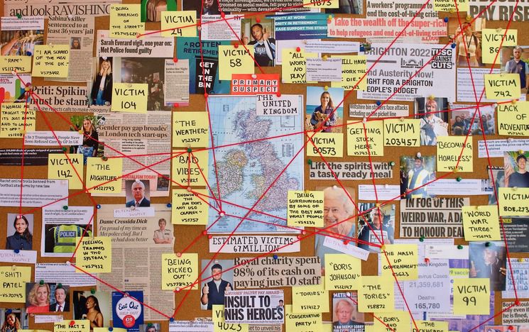 Detective board showing map of UK with string linking to various newspaper headlines and photographs