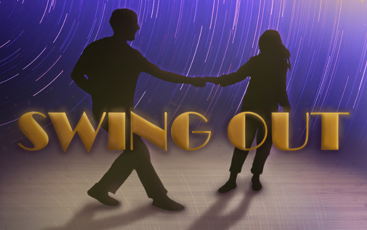 Logo for the film Swing Out. Silhouettes of a man and woman dancing together with a purple backdrop behind them.