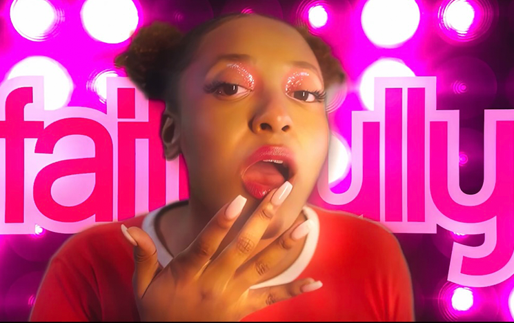 A woman with her hand to her mouth, the words faithfully displayed in pink in the background