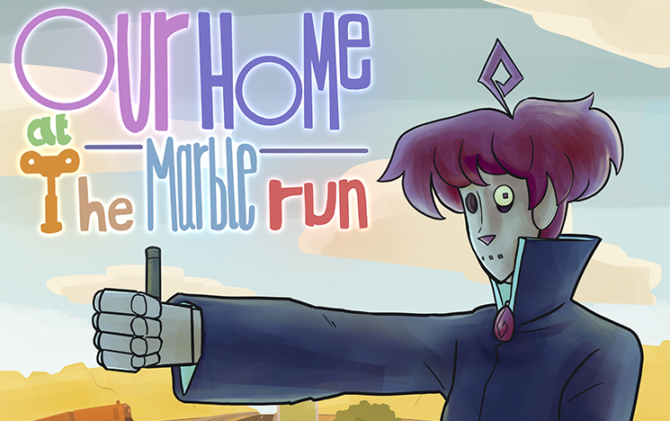A cartoon character with their thumbs up and the words 'our home on the marble run'