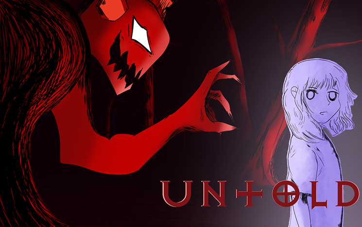 A cartoon monster reaches out to a cartoon girl with the words 'untold' in the foreground