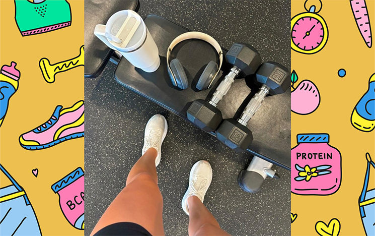 A woman's legs and trainers surrounded by hand weights