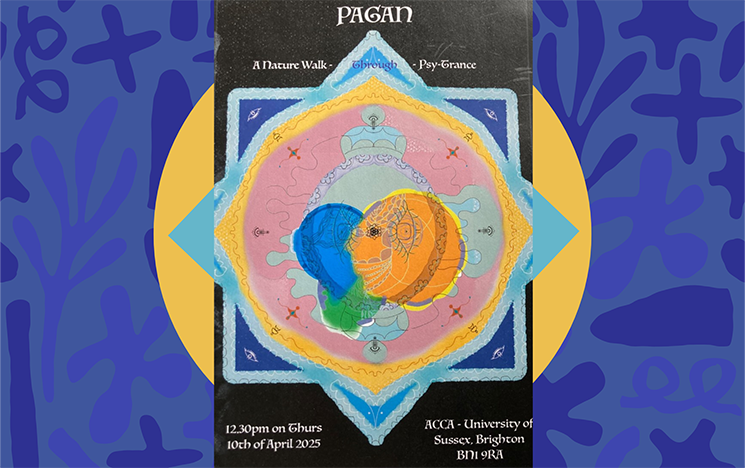 A blue poster with wording about a pagan event held on campus