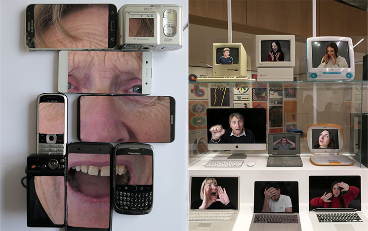 A person's face split between phone screens