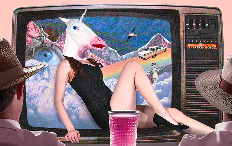 A woman in a bodysuit with a unicorn head perched on the edge of a tv