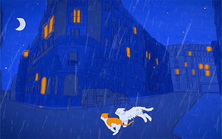 A cartoon cat and dog running through the rain in a dark city.