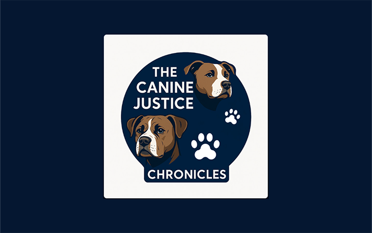 Two cartoon boxer dogs on a blue logo with white pawprints. Wording says The Canine Justice Chronicles.