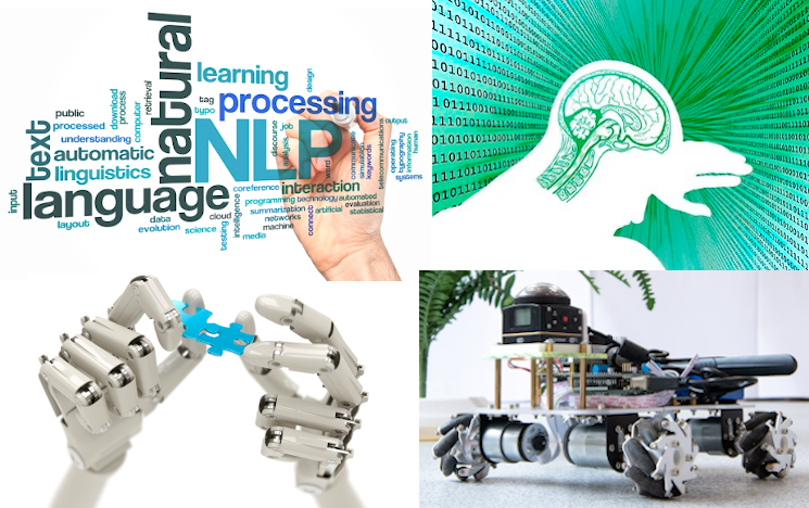 Collage of four images illustrating research in NLP, cognitive science, consciousness and AI/robotics