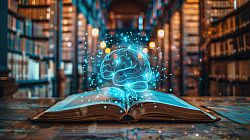 A book in a library with an image of a brain above it