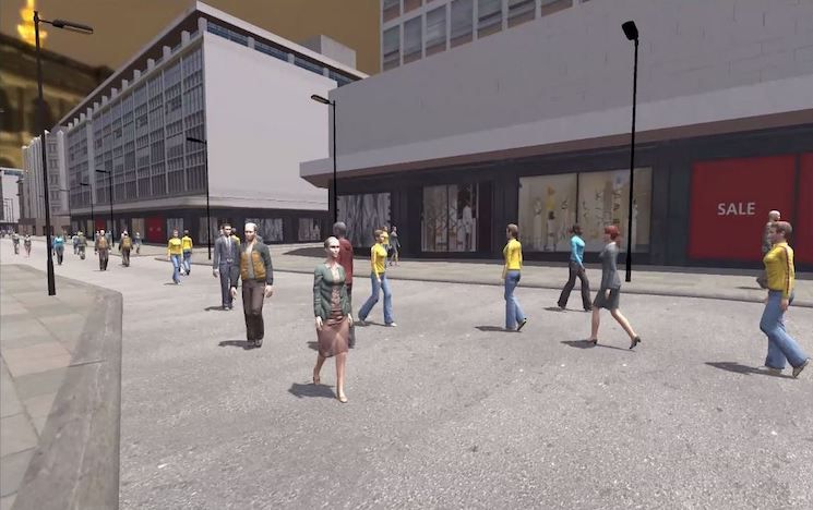 A virtual reality street scene.