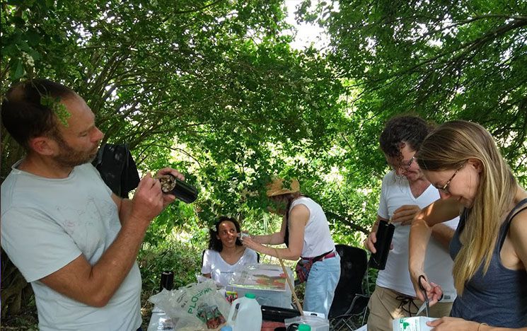 An outreach event with people making bee hotels