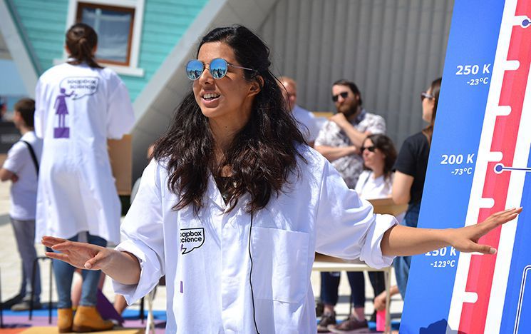 PhD student Shobita Bhumbra presenting at Brighton Soapbox Science