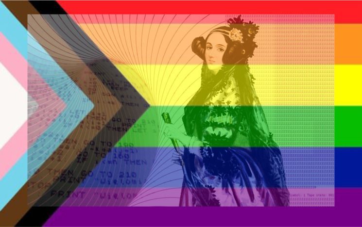Pride flag with women behind and binary numbers