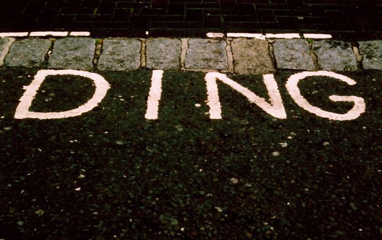 The word 'ding' painted on the ground