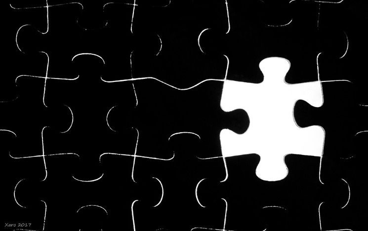 Jigsaw pieces in black with one white missing